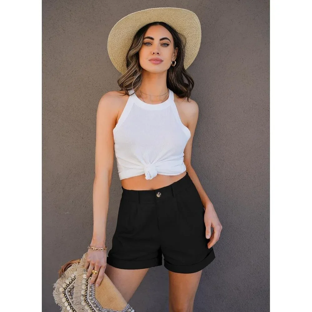 Women's Black High Waisted Cotton Stretch Elastic Waist Pleated Summer Shorts
